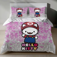 Hello Kitty Super Mario Bedding Set - Pink Duvet Cover for a Nostalgic Bedroom 4pcs - Bedding Sets
