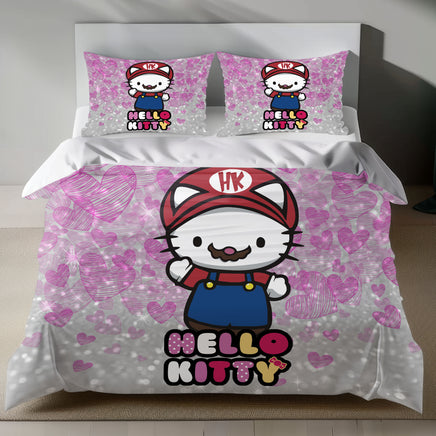 Hello Kitty Super Mario Bedding Set - Pink Duvet Cover for a Nostalgic Bedroom 4pcs - Bedding Sets