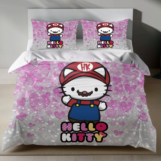 Pink Hello Kitty Super Mario Bedding Set with Duvet Cover and Pillowcase on Bed