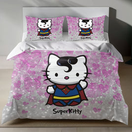 Hello Kitty Superman Bedding Set - Pink Duvet Cover for a Heroic Bedroom 4pcs - Bedding Sets