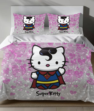 Pink Hello Kitty Superman Bedding Set with Duvet Cover and Pillowcase on Bed
