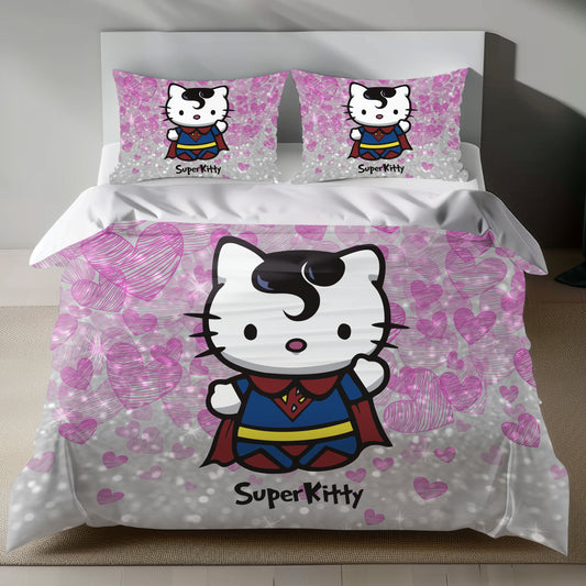 Pink Hello Kitty Superman Bedding Set with Duvet Cover and Pillowcase on Bed