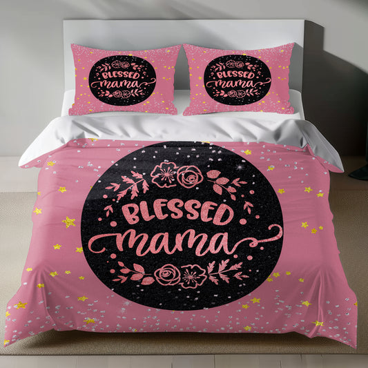 Pink floral linen duvet cover set with 'Blessed Mama' design and glitter accents