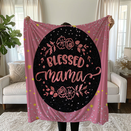 Pink floral linen duvet cover set with 'Blessed Mama' design and glitter accents - duvet cover
