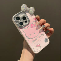 Sparkling 3D Diamond Bow Hello Kitty Phone Case - Y2K Aesthetic Luxury Protective Cover for iPhone 16, 15, 14, 13 Pro Max