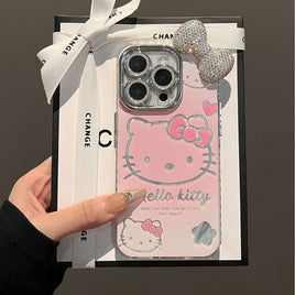 Sparkling 3D Diamond Bow Hello Kitty Phone Case - Y2K Aesthetic Luxury Protective Cover for iPhone 16, 15, 14, 13 Pro Max White bow