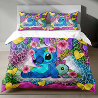 Lusy Store Stitch Bed Set - Lilo &amp; Stitch Bedding Set/Quilt Set - Cute Luxury Flower - Linen Duvet Cover and Pillowcase Bed Sheets