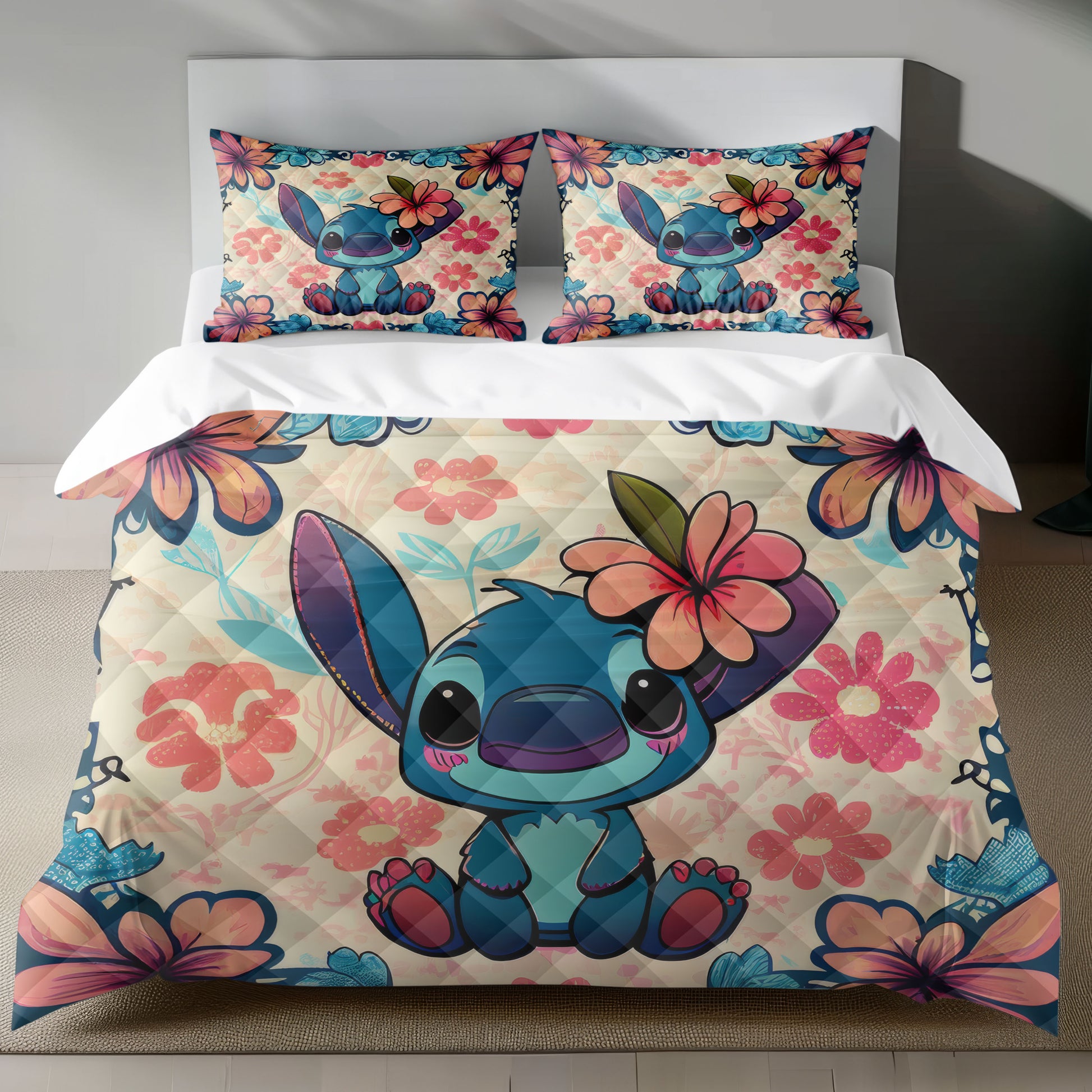 Lusy Store Stitch Bed Set - Lilo &amp; Stitch Bedding Set/Quilt Set - Cute Vintage Stitch - Linen Duvet Cover and Pillowcase Bed Sheets
