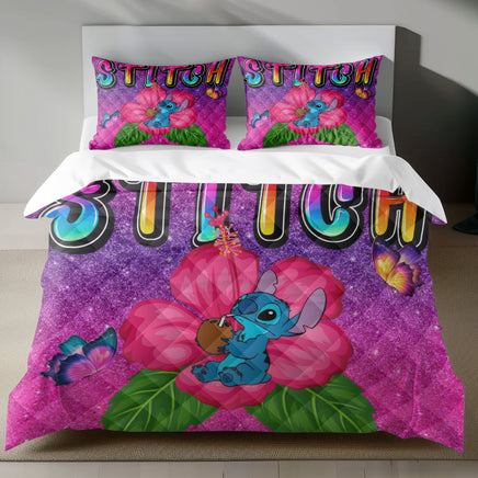 Lusy Store Stitch Bed Set - Lilo &amp; Stitch Bedding Set/Quilt Set - Classic Luxury Flowers - Linen Duvet Cover and Pillowcase Bed Sheets
