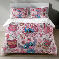 Lusy Store Stitch Bed Set - Lilo &amp; Stitch Bedding Set/Quilt Set - Cafe Stitch - Linen Duvet Cover and Pillowcase Bed Sheets