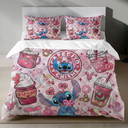 Lusy Store Stitch Bed Set - Lilo &amp; Stitch Bedding Set/Quilt Set - Cafe Stitch - Linen Duvet Cover and Pillowcase Bed Sheets