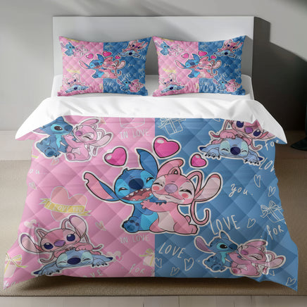 Lusy Store Stitch Bed Set - Lilo &amp; Stitch Bedding Set/Quilt Set - Angel &amp; Stitch In Love - Linen Duvet Cover and Pillowcase Bed Sheets