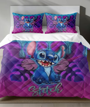 Lusy Store Stitch Bed Set - Lilo and Stitch Bedding Set/Quilt Set - Luxury Vintage Stitch - Linen Duvet Cover and Pillowcase Bed Sheets