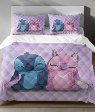 Lusy Store Stitch Bed Set - Lilo and Stitch Bedding Set/Quilt Set - Cute Angel and Stitch - Linen Duvet Cover and Pillowcase Bed Sheets