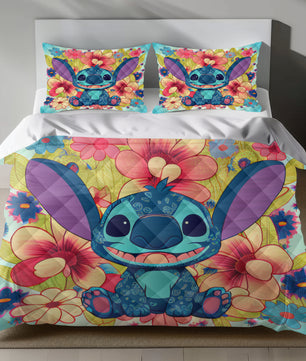 Lusy Store Stitch Bed Set - Lilo and Stitch Bedding Set/Quilt Set - Classic Flowers Cute Stitch - Linen Duvet Cover and Pillowcase Bed Sheets