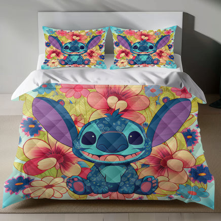 Lusy Store Stitch Bed Set - Lilo and Stitch Bedding Set/Quilt Set - Classic Flowers Cute Stitch - Linen Duvet Cover and Pillowcase Bed Sheets