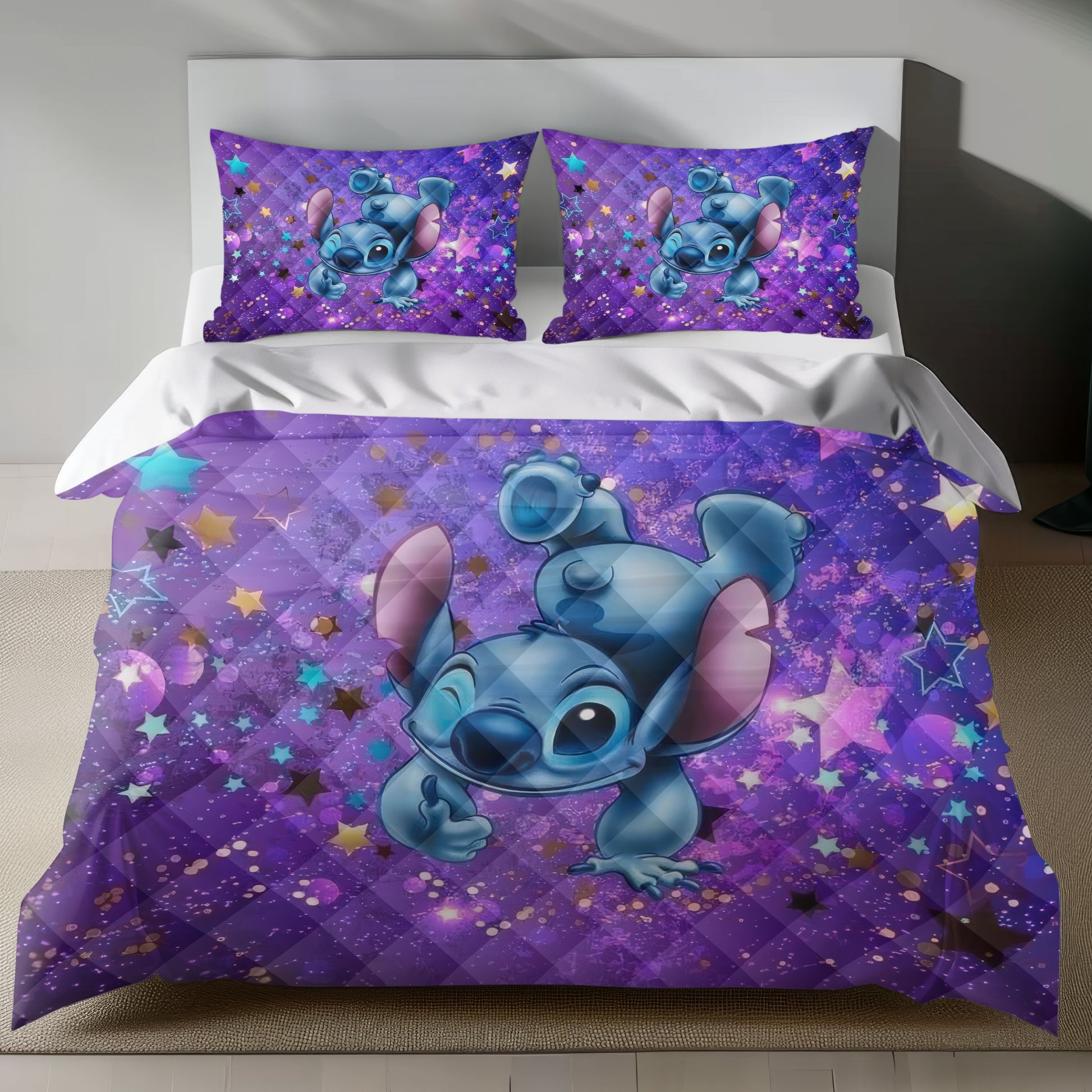 Lusy Store Stitch Bed Set - Lilo and Stitch Bedding Set/Quilt Set - Luxurious Purple and Stitch - Linen Duvet Cover and Pillowcase Bed Sheets