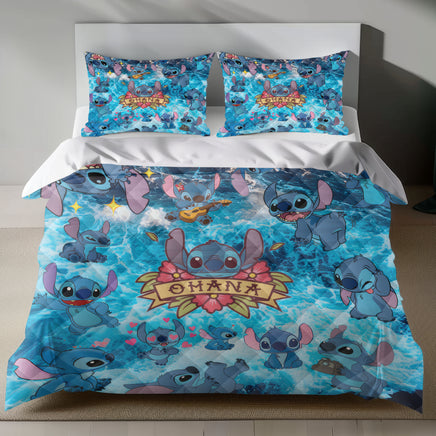 Lusy Store Stitch Bed Set - Lilo and Stitch Bedding Set/Quilt Set - Stitch on Cool Sea Water - Linen Duvet Cover and Pillowcase Bed Sheets