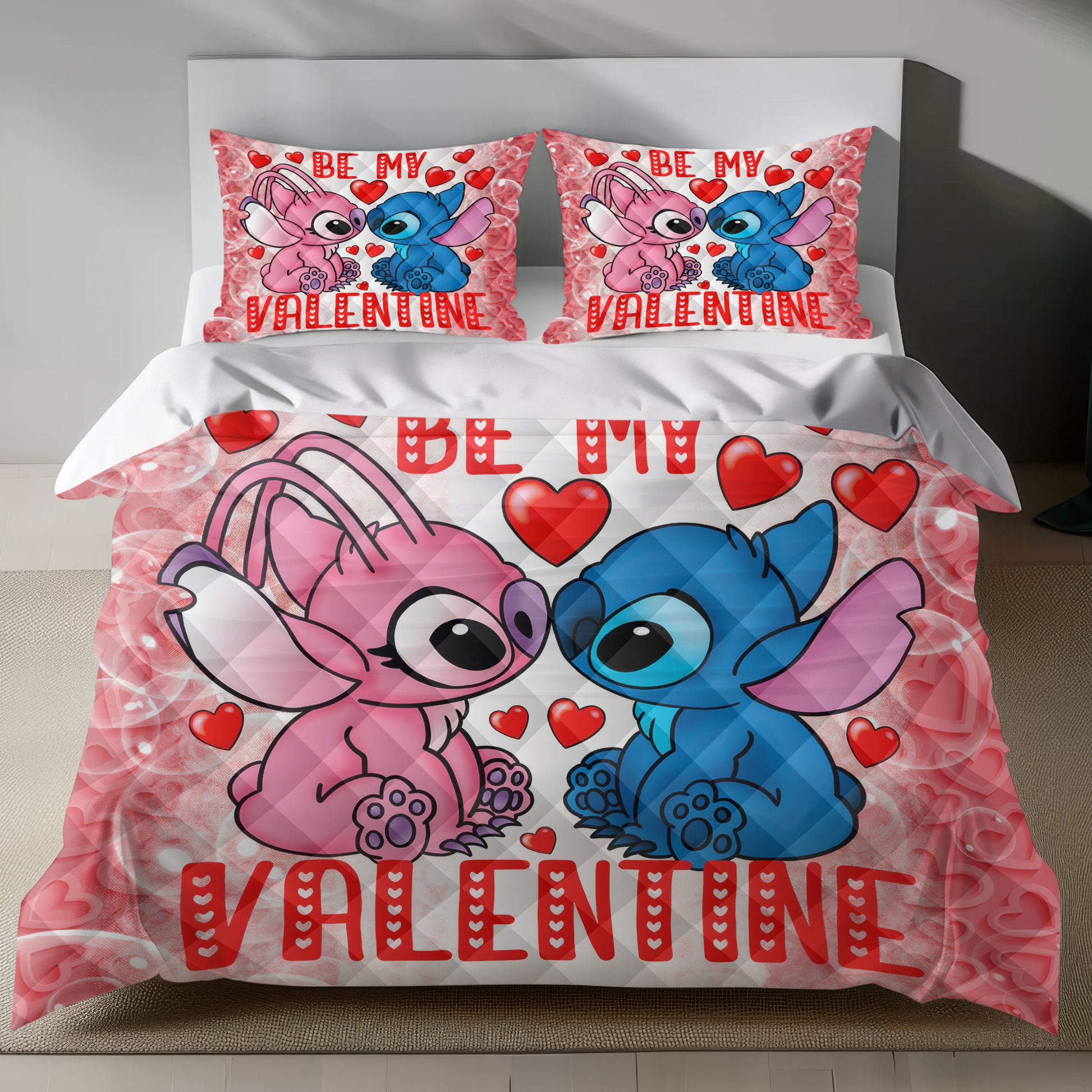 Lusy Store Stitch Bed Set - Lilo and Stitch Bedding Set/Quilt Set - Angel and Stitch Love Valentine - Linen Duvet Cover and Pillowcase Bed Sheets
