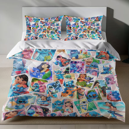 Lusy Store Stitch Bed Set - Lilo and Stitch Bedding Set/Quilt Set - Lovely Memories - Linen Duvet Cover and Pillowcase Bed Sheets