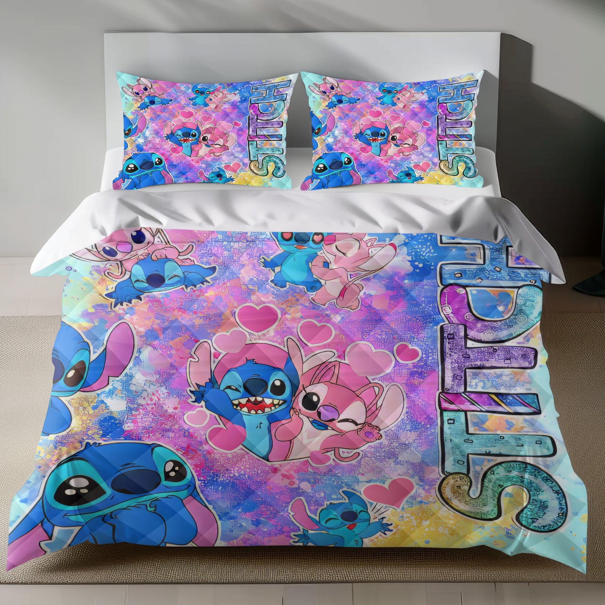 Lusy Store Stitch Bed Set - Lilo and Stitch Bedding Set/Quilt Set - Lovely Angel and Stitch - Linen Duvet Cover and Pillowcase Bed Sheets
