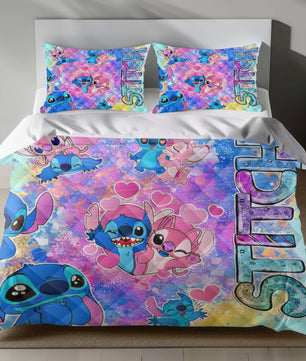 Lusy Store Stitch Bed Set - Lilo and Stitch Bedding Set/Quilt Set - Lovely Angel and Stitch - Linen Duvet Cover and Pillowcase Bed Sheets