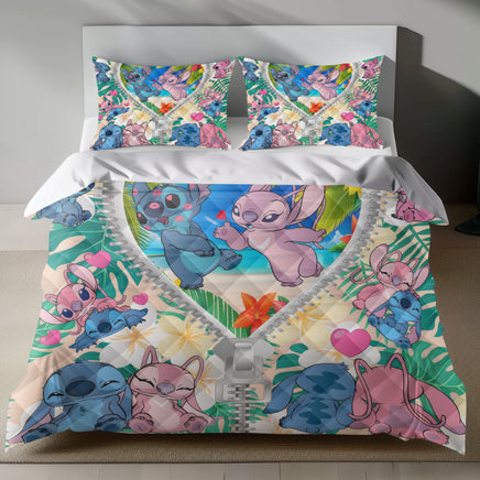 Lusy Store Stitch Bed Set - Lilo and Stitch Bedding Set/Quilt Set - Lovely Angel and Stitch - Linen Duvet Cover and Pillowcase Bed Sheets
