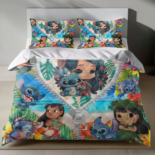 Lusy Store Stitch Bed Set - Lilo and Stitch Bedding Set/Quilt Set - Lovely Cute Stitch - Linen Duvet Cover and Pillowcase Bed Sheets