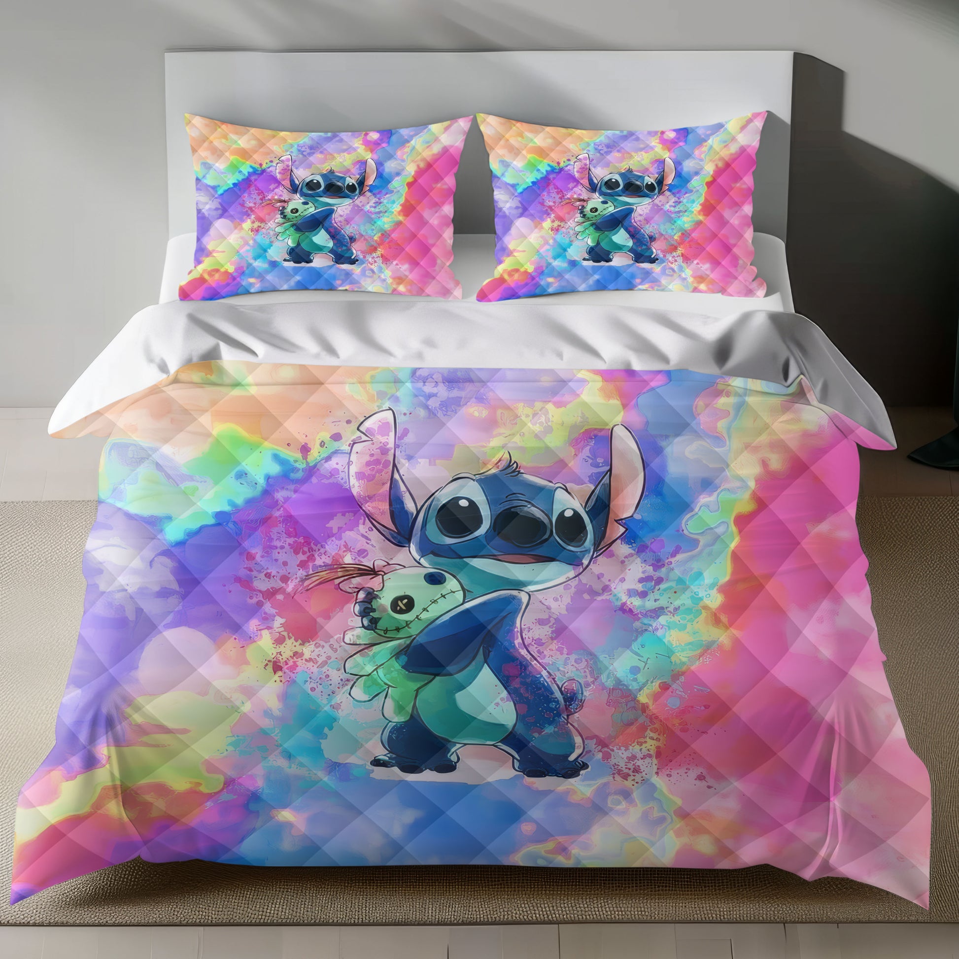 Lusy Store Stitch Bed Set - Lilo and Stitch Bedding Set/Quilt Set - Colorful Lovely Cute Stitch - Linen Duvet Cover and Pillowcase Bed Sheets