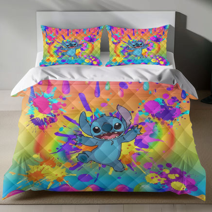 Lusy Store Stitch Bed Set - Lilo and Stitch Bedding Set/Quilt Set - Colorful Cute Stitch - Linen Duvet Cover and Pillowcase Bed Sheets