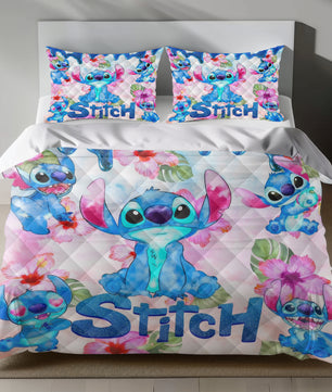 Lusy Store Stitch Bed Set - Lilo and Stitch Bedding Set/Quilt Set - Spring Flower Pattern - Linen Duvet Cover and Pillowcase Bed Sheets