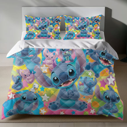 Lusy Store Stitch Bed Set - Lilo and Stitch Bedding Set/Quilt Set - Cute Angel and Stitch - Linen Duvet Cover and Pillowcase Bed Sheets
