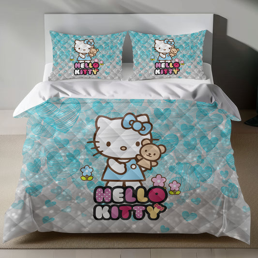Lusy Store Hello Kitty Linen Bedding Set - Teddy Bear &amp; Hearts Design Bed Sheets