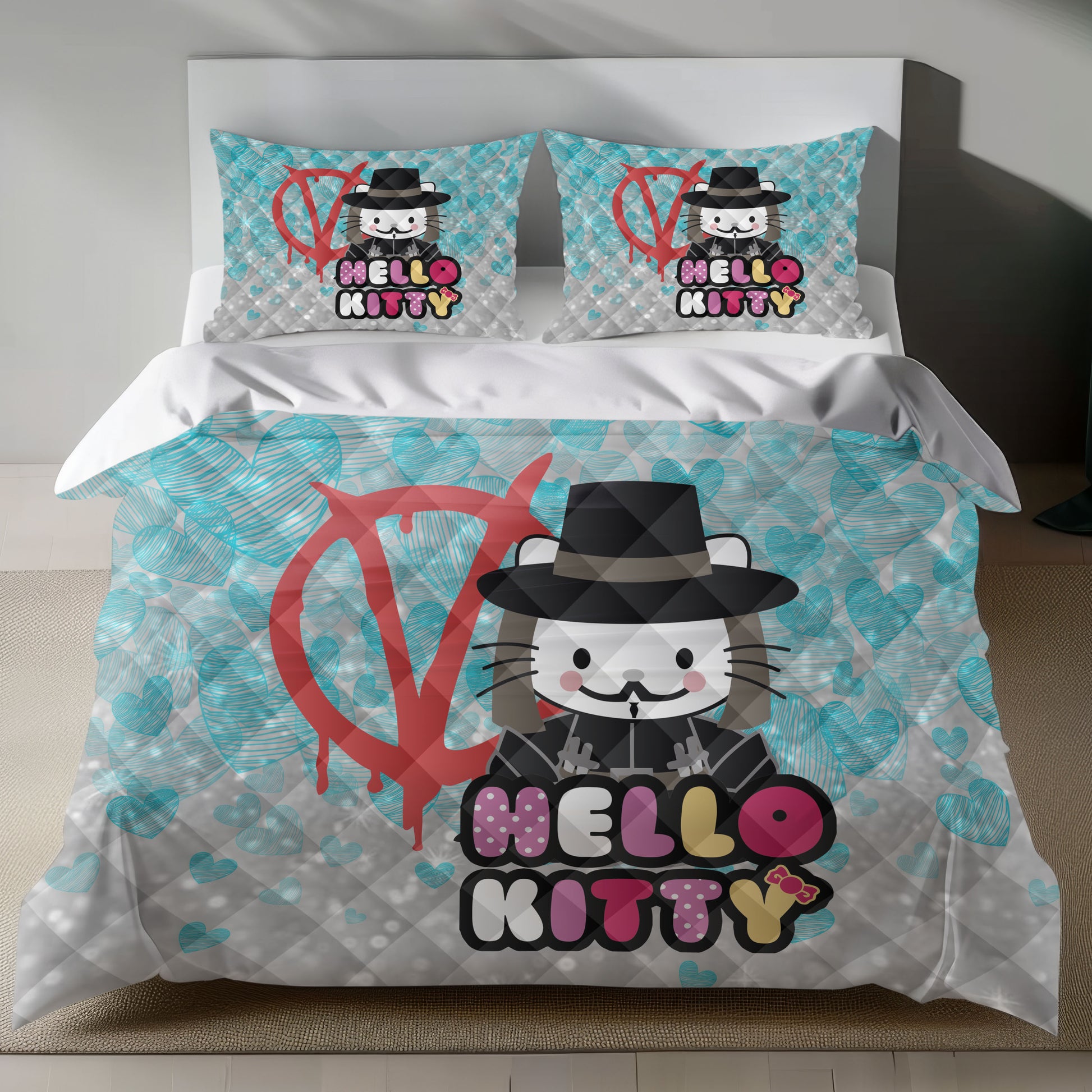Lusy Store Hello Kitty V for Vendetta Linen Bedding Set - Unique Style for Sanrio Fans Bed Sheets
