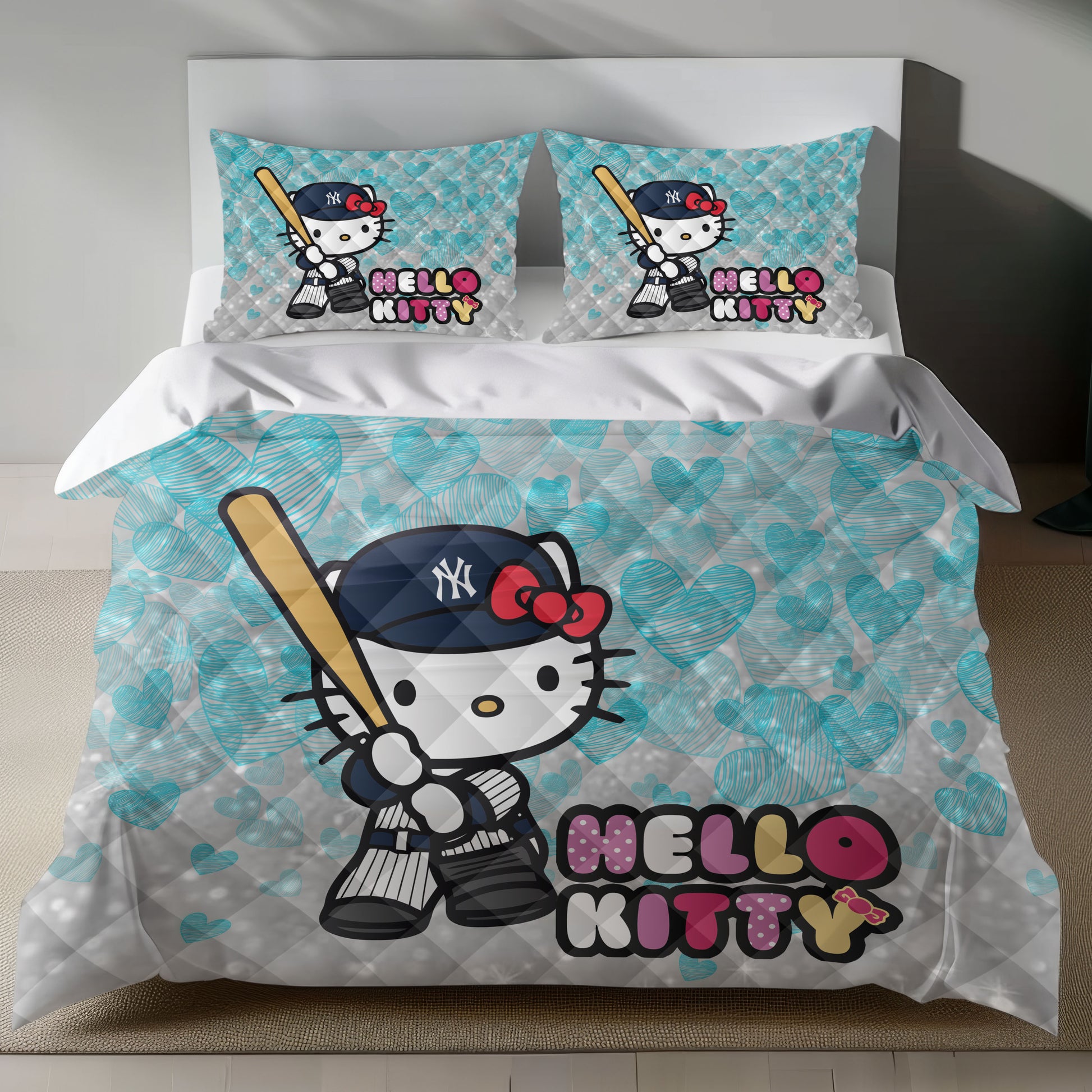 Lusy Store Hello Kitty Yankees Linen Bedding Set - Sporty Charm for Sanrio Fans Bed Sheets