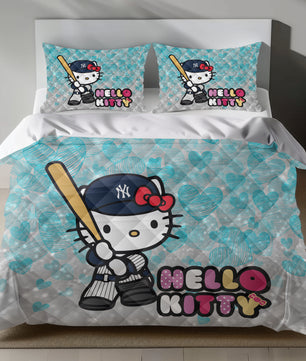 Lusy Store Hello Kitty Yankees Linen Bedding Set - Sporty Charm for Sanrio Fans Bed Sheets