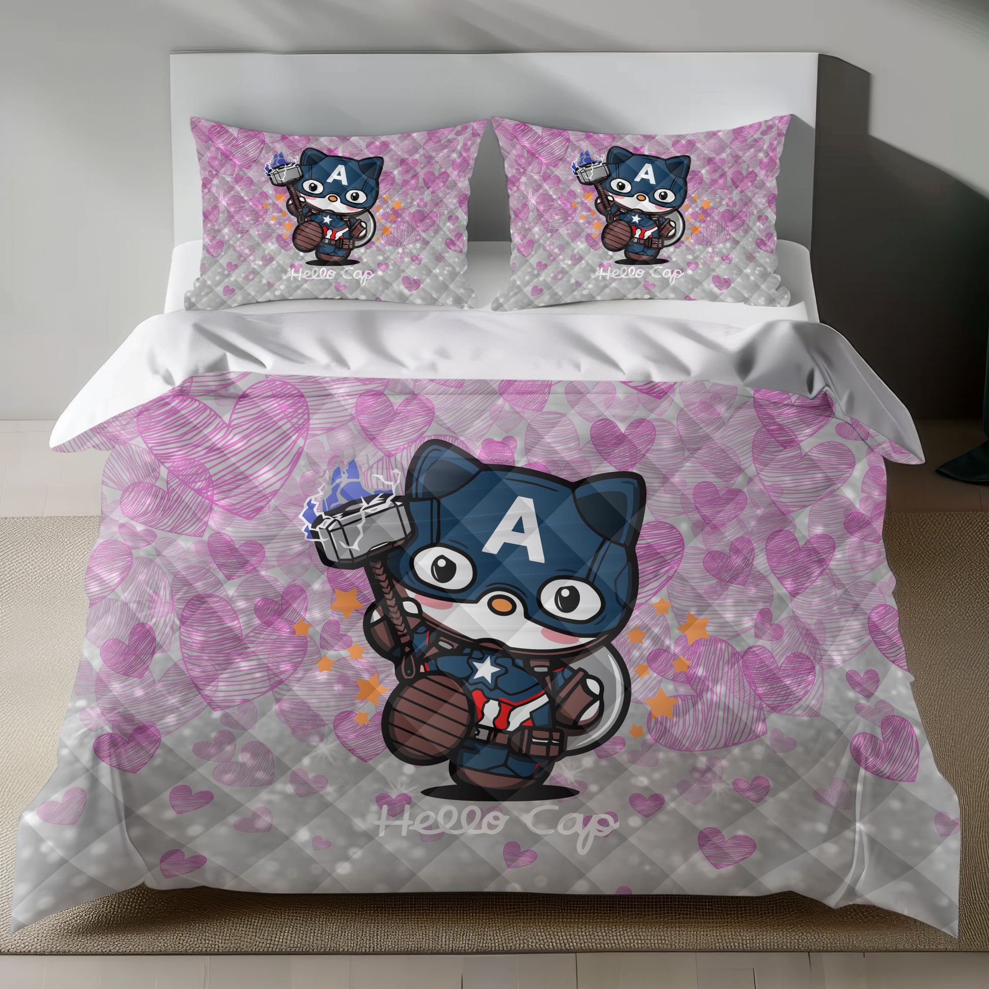 Lusy Store Hello Kitty Captain America Linen Bedding Set - Heroic Charm for Sanrio Fans Bed Sheets
