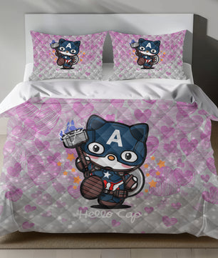 Lusy Store Hello Kitty Captain America Linen Bedding Set - Heroic Charm for Sanrio Fans Bed Sheets