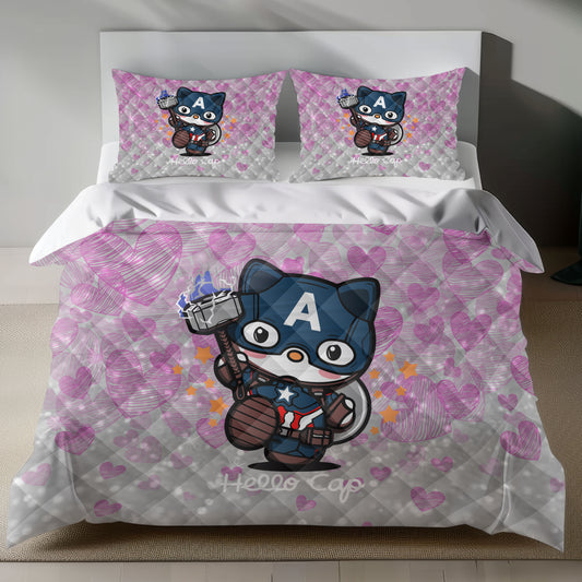 Lusy Store Hello Kitty Captain America Linen Bedding Set - Heroic Charm for Sanrio Fans Bed Sheets