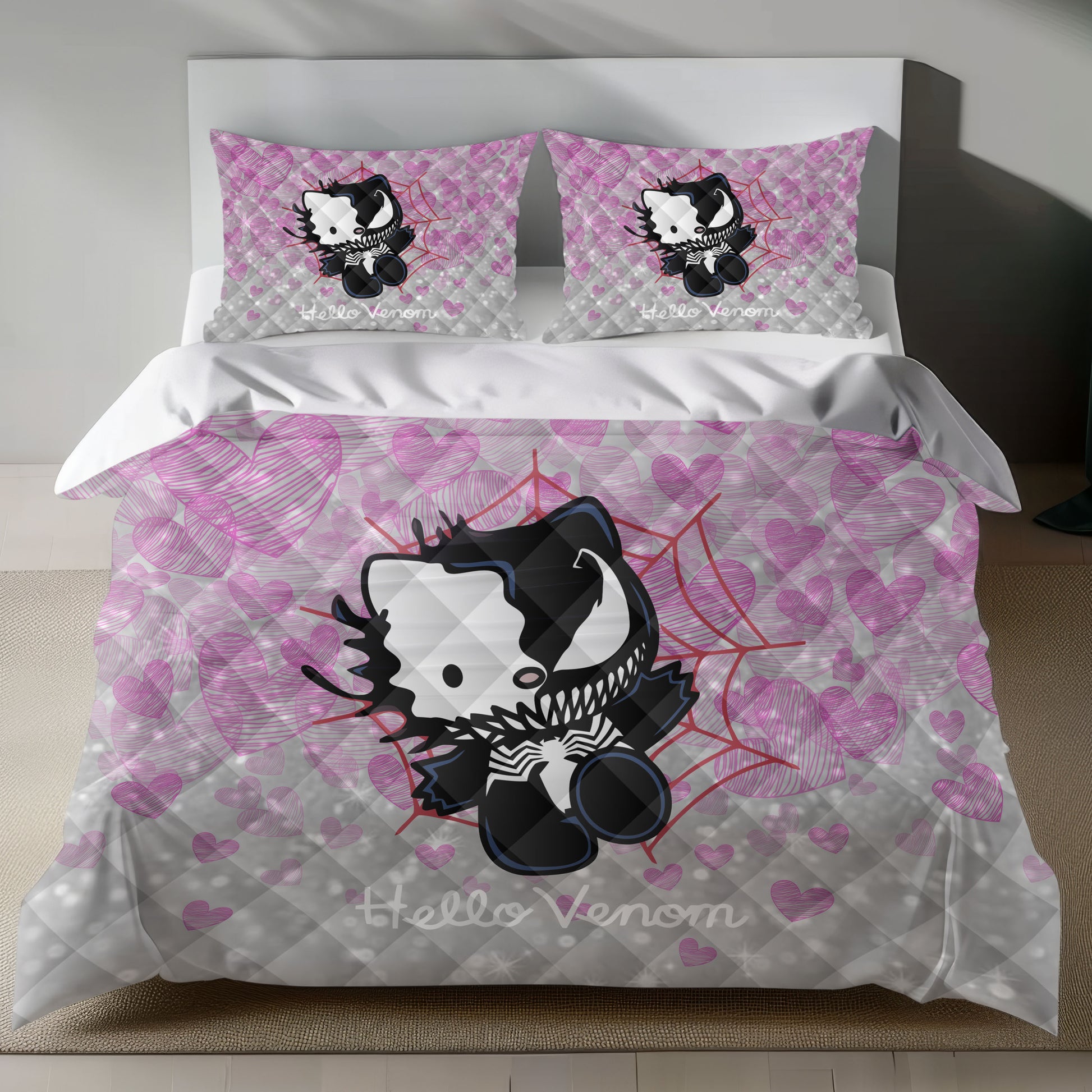 Lusy Store Hello Kitty Venom Linen Bedding Set - Edgy Charm for Sanrio Fans Bed Sheets