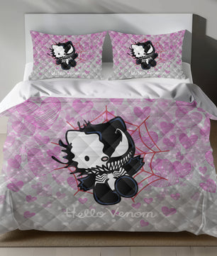 Lusy Store Hello Kitty Venom Linen Bedding Set - Edgy Charm for Sanrio Fans Bed Sheets