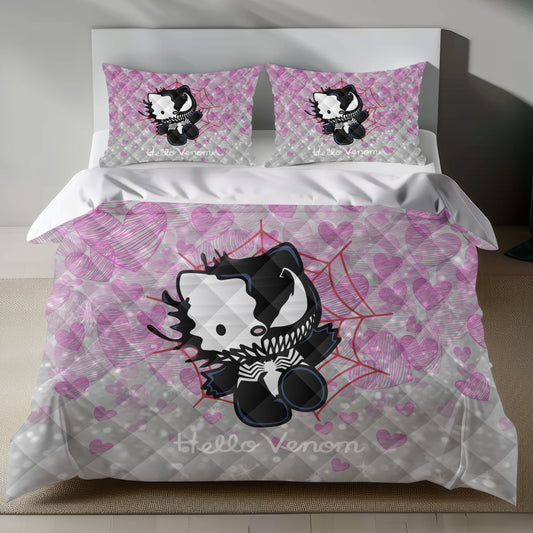 Lusy Store Hello Kitty Venom Linen Bedding Set - Edgy Charm for Sanrio Fans Bed Sheets
