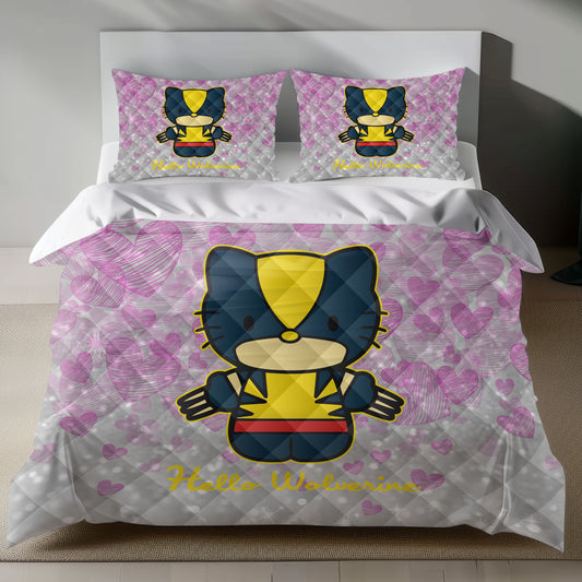 Lusy Store Hello Kitty Wolverine Linen Bedding Set - Fierce Charm for Sanrio Fans Bed Sheets