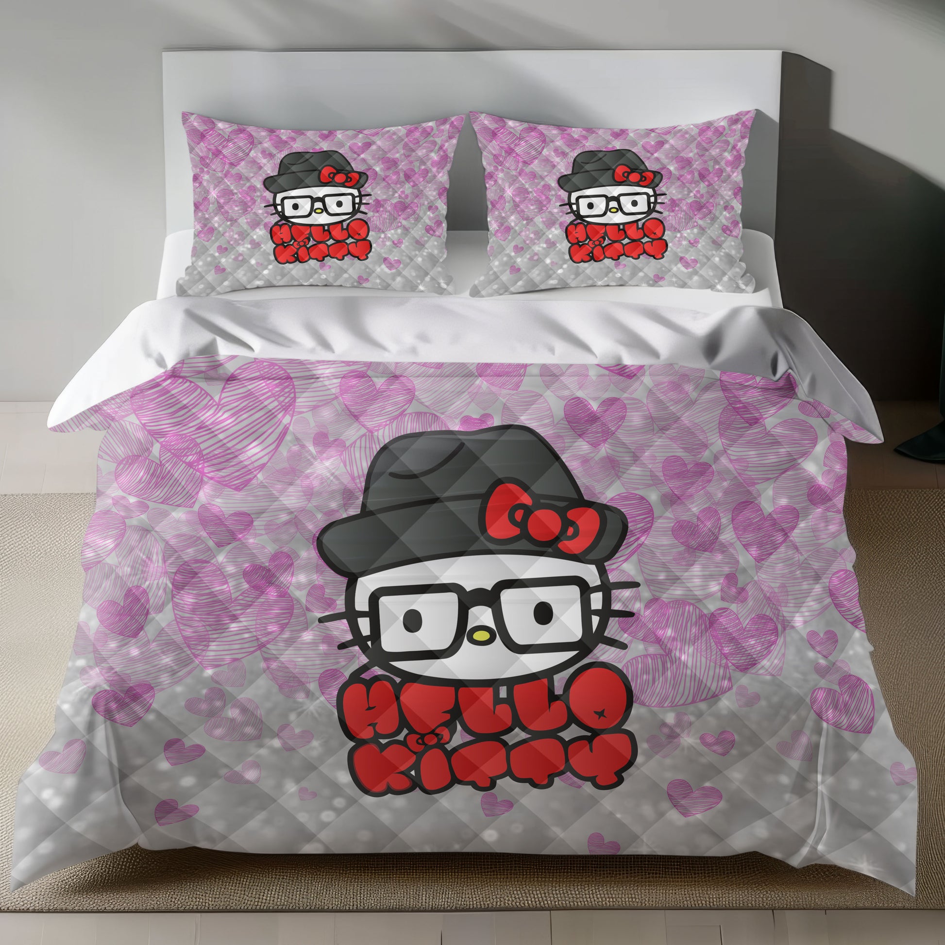 Lusy Store Hello Kitty Bedding Set &ndash; Cute Pink Duvet Cover with Glitter Hearts Bed Sheets