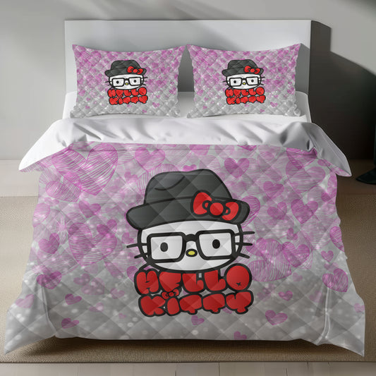Lusy Store Hello Kitty Bedding Set &ndash; Cute Pink Duvet Cover with Glitter Hearts Bed Sheets