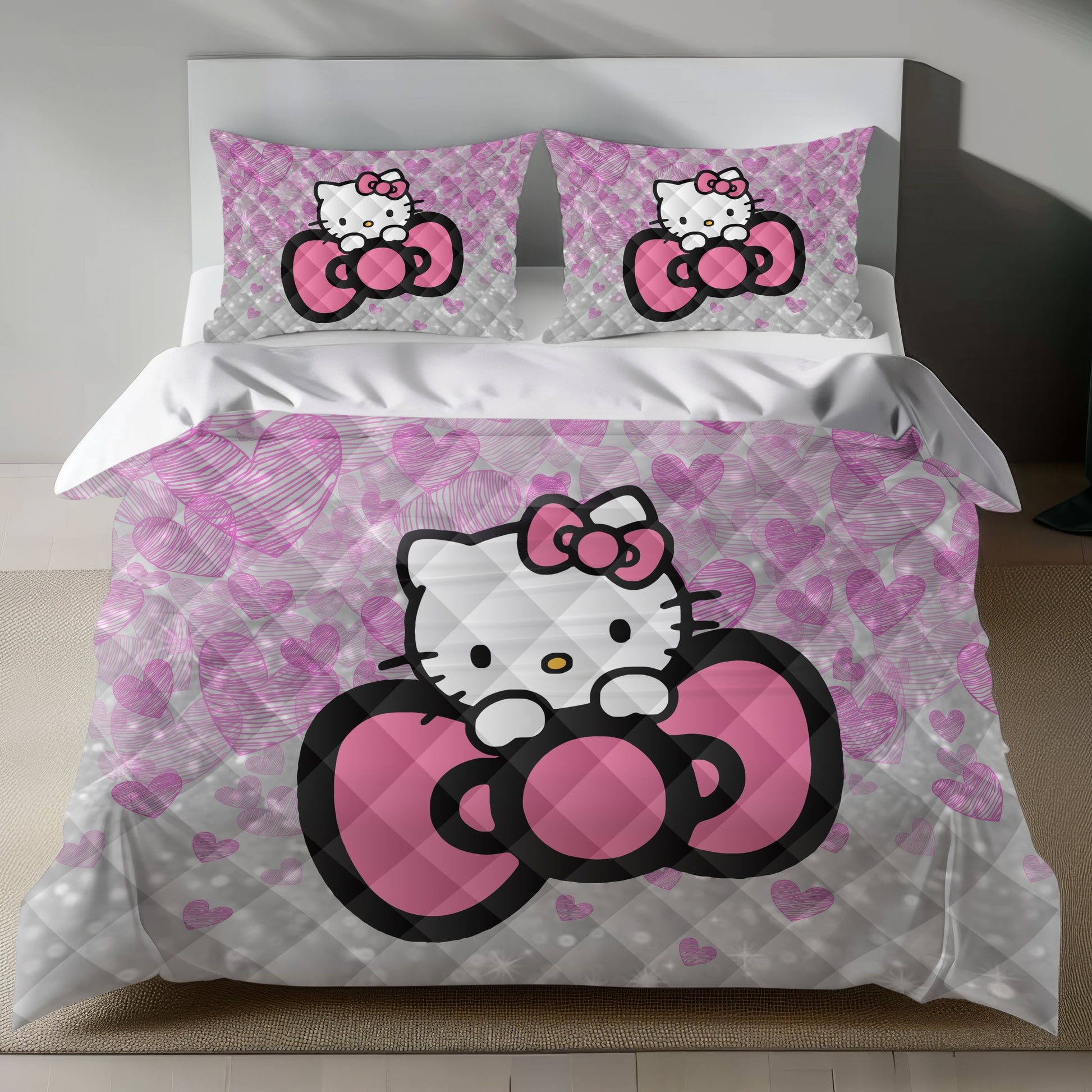 Lusy Store Hello Kitty Bedding Set &ndash; Cute Pink Duvet Cover with Glitter Hearts Bed Sheets