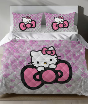 Lusy Store Hello Kitty Bedding Set – Cute Pink Duvet Cover with Glitter Hearts Bed Sheets