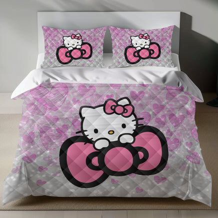 Hello Kitty Bedding Set – Cute Pink Duvet Cover with Glitter Hearts 4pcs - Quilt Sets