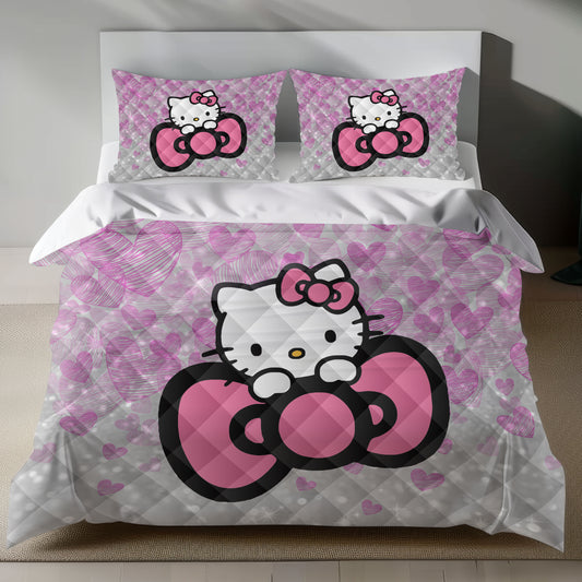 Lusy Store Hello Kitty Bedding Set &ndash; Cute Pink Duvet Cover with Glitter Hearts Bed Sheets