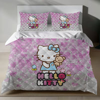 Hello Kitty Bedding Set – Cute Pink Linen Duvet Cover with Glitter Hearts 4pcs - Quilt Sets